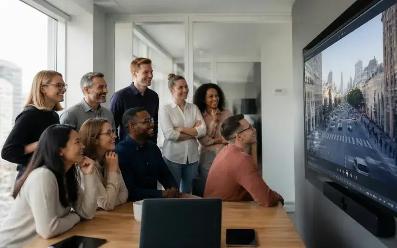 A corporate team watching a live guided street tour together in a meeting room