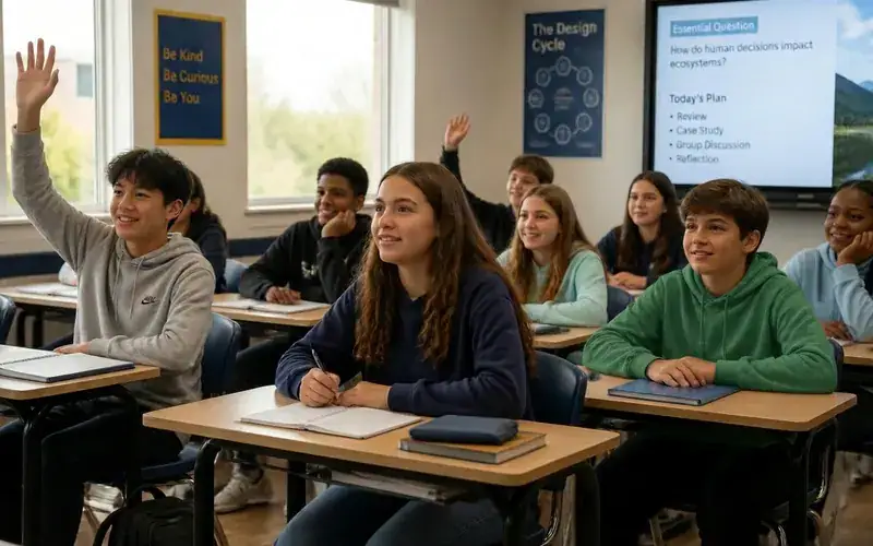 Students in a classroom joining a live on-location lesson