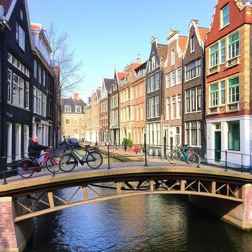 Amsterdam canal with gabled houses and bicycles