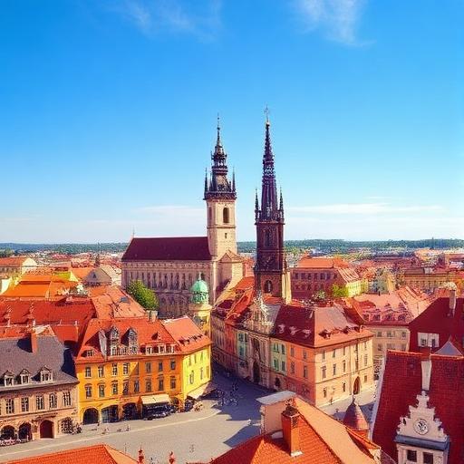 Prague old town square with baroque buildings and red rooftops