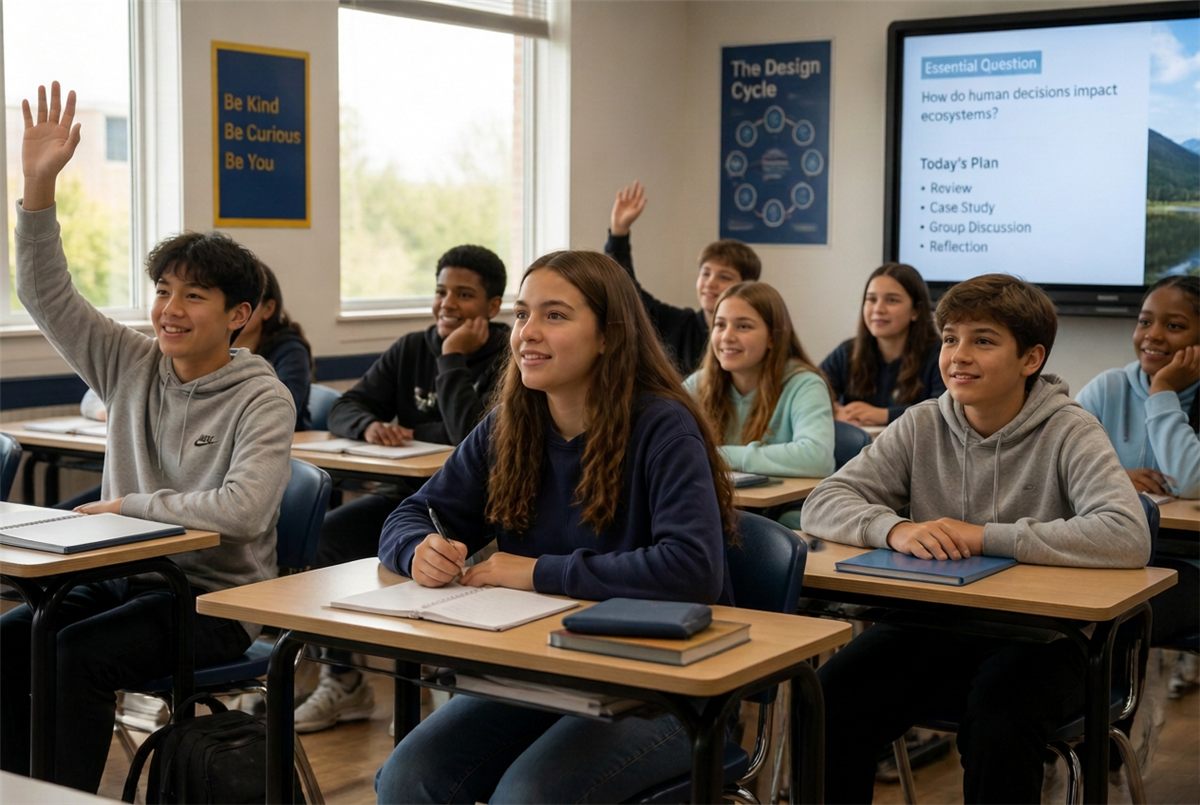Engaged 8th-grade students in a classroom ready for a live virtual field trip