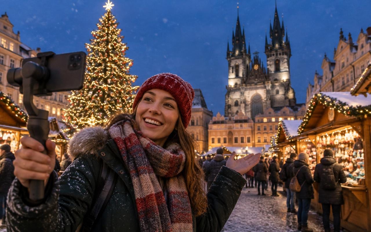 A local guide livestreaming from a snowy Christmas market in Prague's Old Town Square